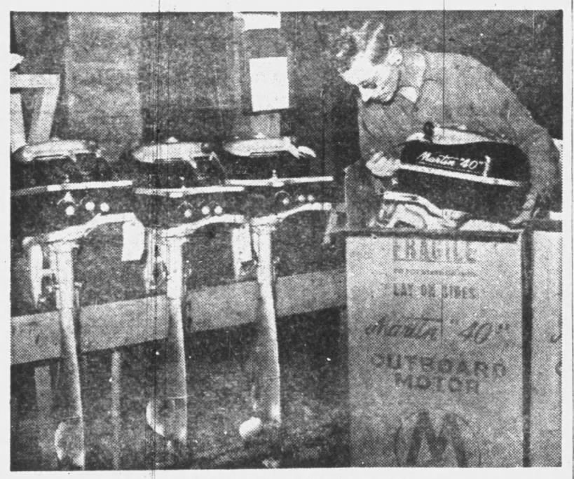 Original caption: On the line completed and ready for packing are seen some of the Martin "40" motors. Dale Kregness is seen packing one in a corrugated box, after which it will pass into the shipping room. Eau Claire Sunday Leader, Eau Claire, Wisconsin, Sunday, October 19, 1947.
