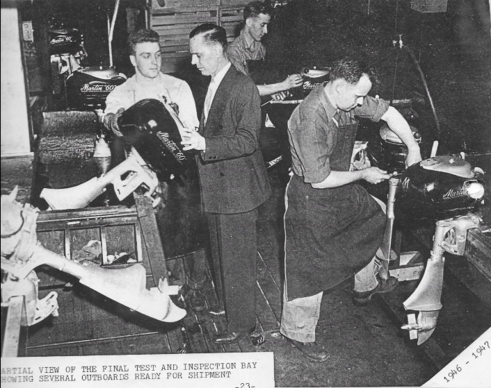 "George Martin the CEO of Martin Motors inspecting some of his EARLY 1946-47 Black Tank 60's motors on their final inspection, before shipping to the Martin Dealers." Ronald Lietha, from an image he shared on the "Martin outboard fun page" Faceboo group.
