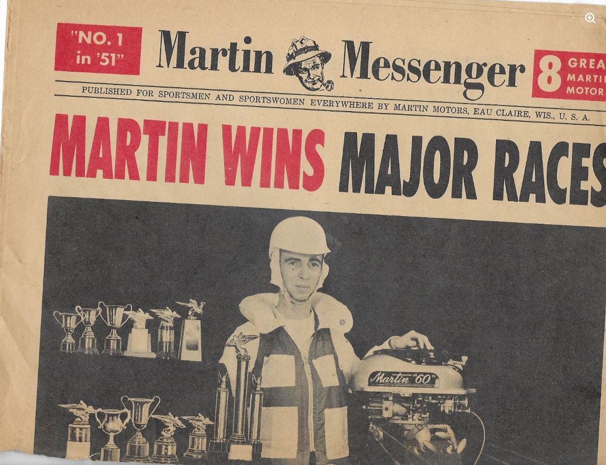 Martin Motors newspaper published by the company. Image shared by Shane Edwards in the "Martin outboard fun page" Facebook group.