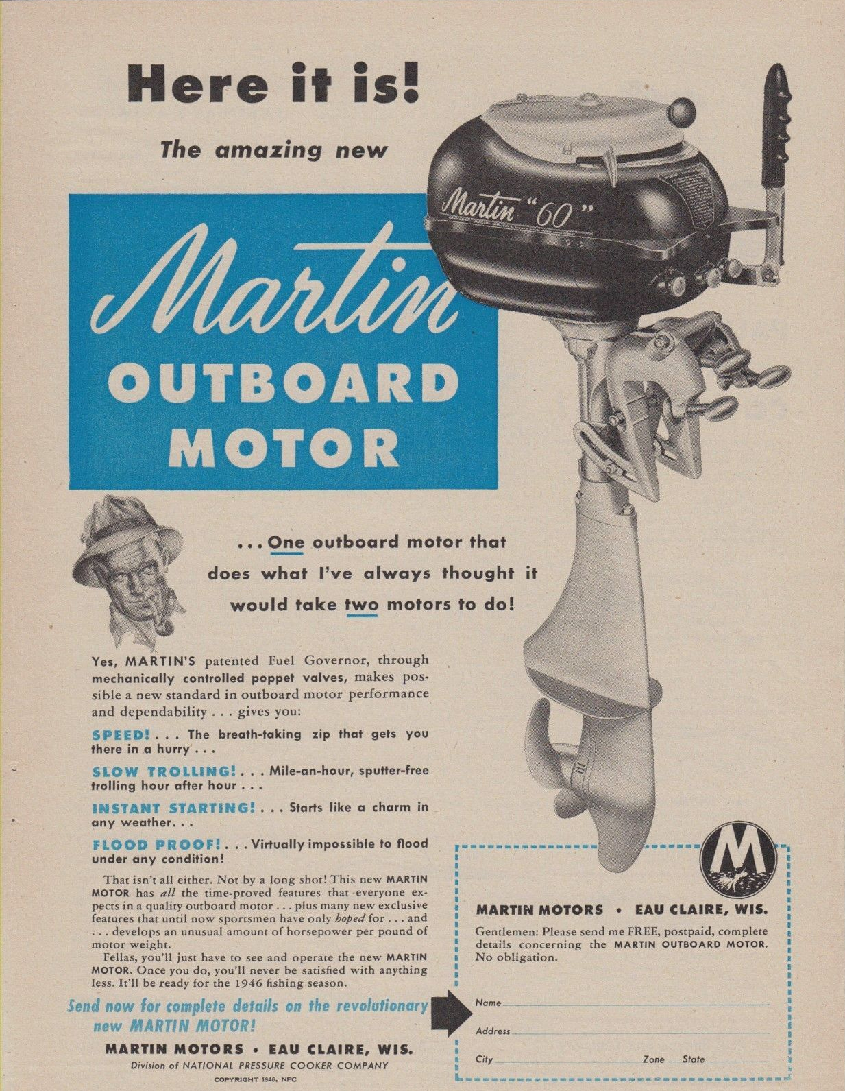 Print ad for the Martin "60" outboard motor, 1946.