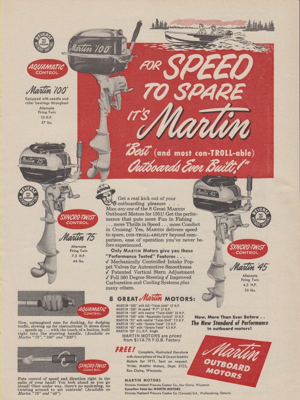 Print ad for the Martin "100," Martin "75," and new Martin "45" outboard motors, 1951.