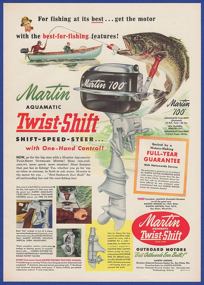 1952 Martin "100" Twist-Shift outboard motor print ad.