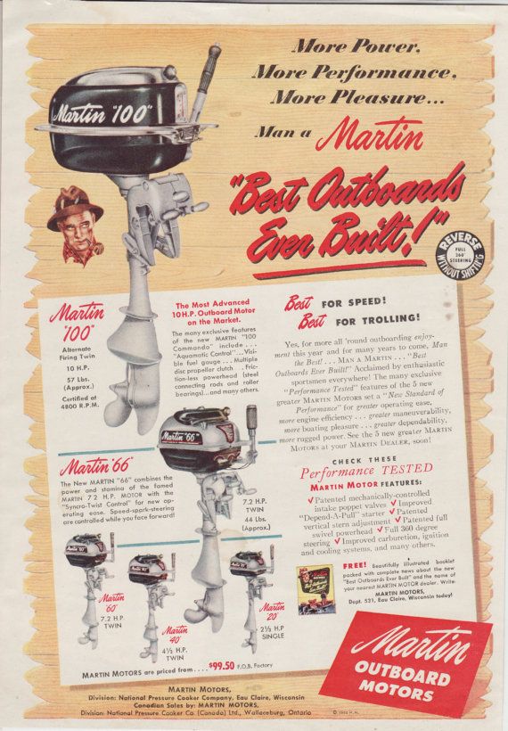 1950 Martin Motors ad showing the Martin line-up of motors, including the "20," "40," "60," "66," and "100."