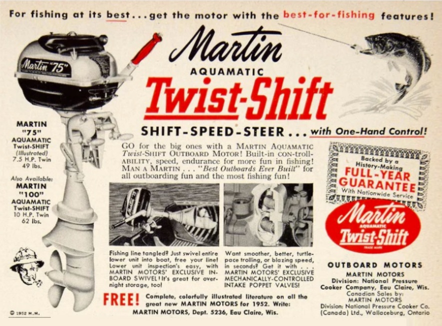 1952 print ad for Martin Motors Aquamatic Twist-Shift innovation, In-Board Swivel feature, and Mechanically-Controlled Intake Poppet Valves.