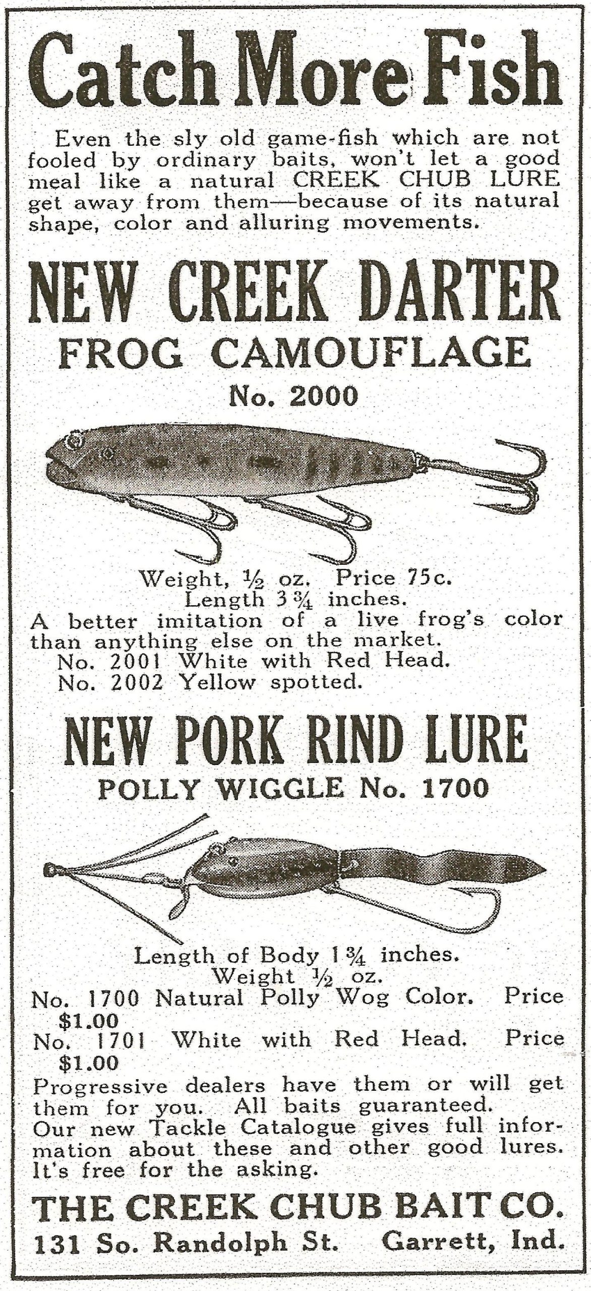 1923 CCBC Creek Darter ad in Forest & Stream magazine, July issue. Bill Sonnett indicates that this ad announcing Creek Chub's new Darter bait appeared on the scene a year before the lure showed up for the first time in Creek Chub's annual catalog (1924).