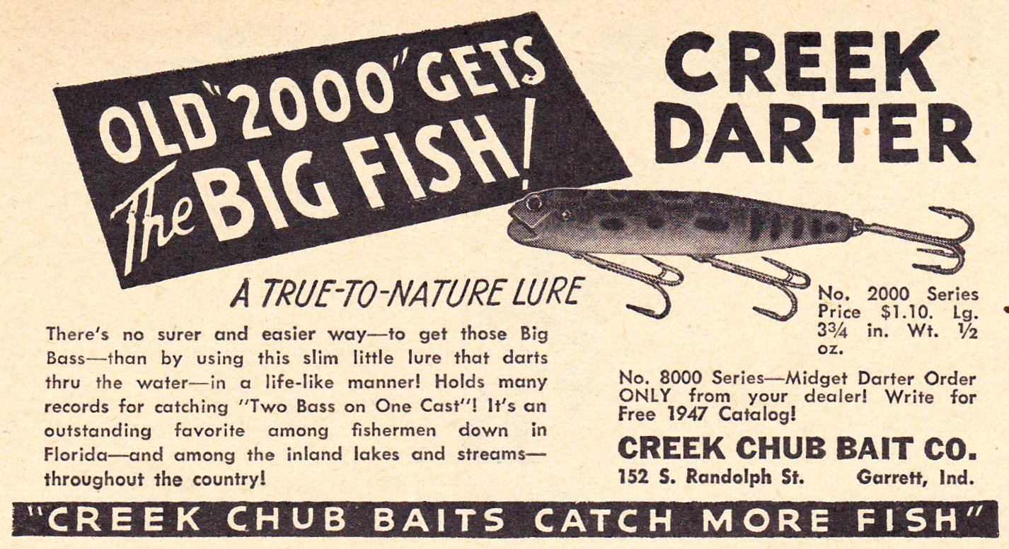 Creek Chub Bait Co. "Creek Darter" ad in Hunting and Fishing magazine, February 1947 issue.