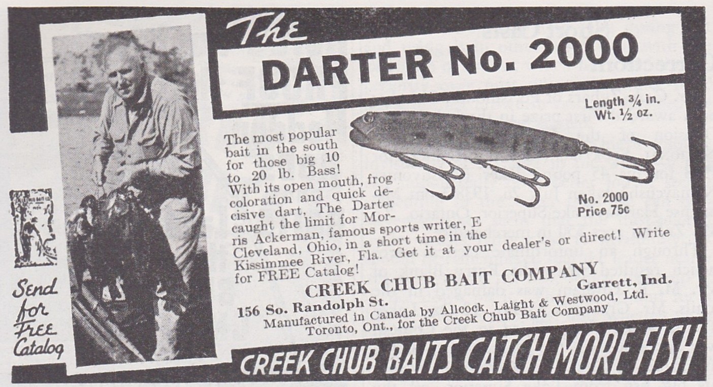 June 1939 ad for the CCBC Darter No. 2000, Hunting and Fishing magazine. "The most popular bait in the south for those big 10 to 20 lb. Bass!"