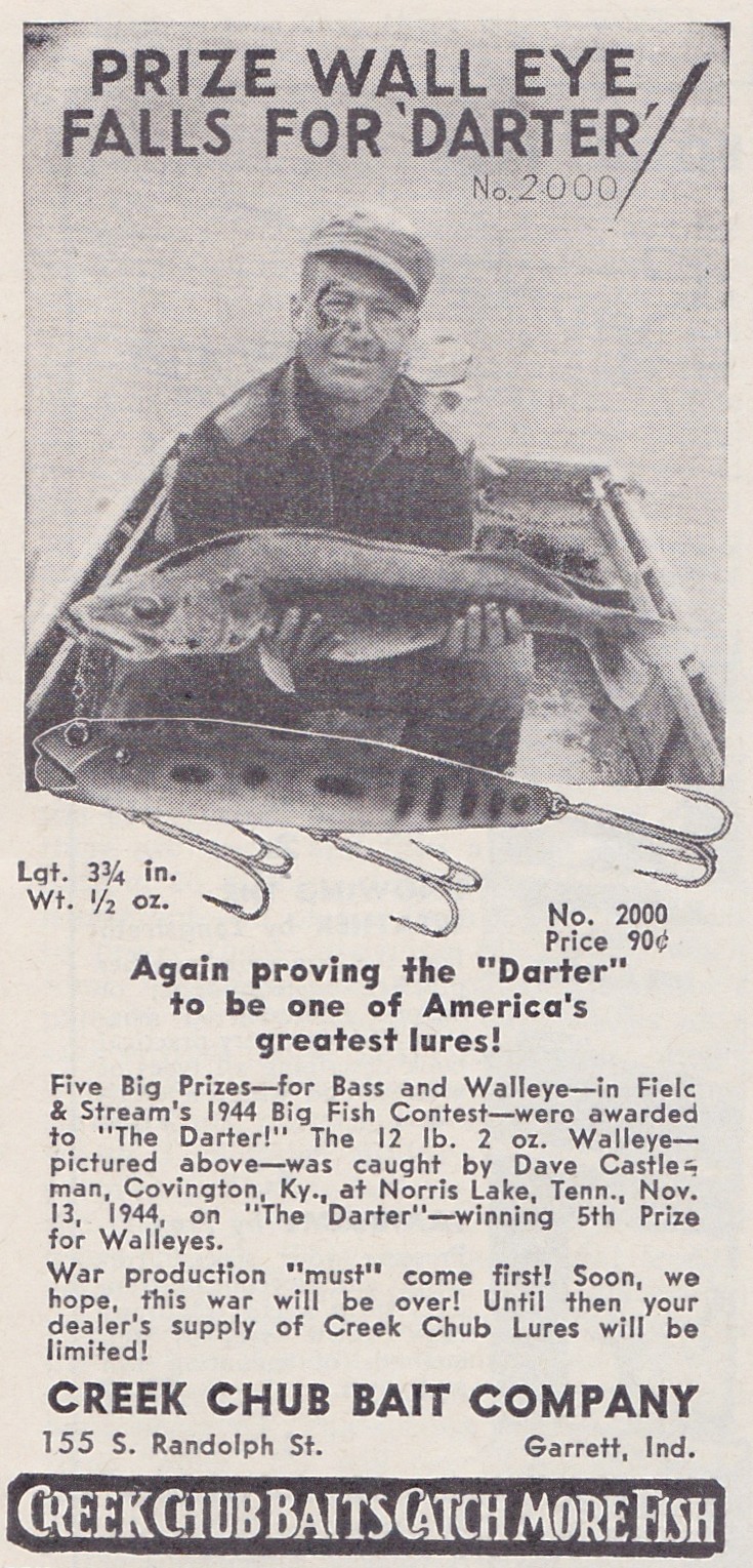 May 1945 ad for the Darter in Hunting and Fishing magazine. This ad promotes the Darter as a big walleye killer in addition to bass. The ad also declares that war production comes first and therefore supplies of the Darter may be limited.