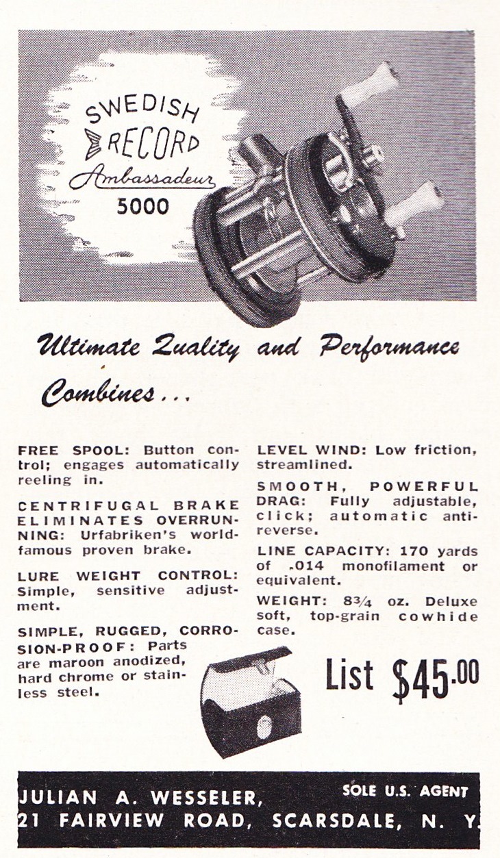 1954 Swedish Record Ad June 1954 Swedish Record ad from the June 1954 issue of The Fisherman magazine. Not that Garcia Corporation was not the U.S. Rep company at this time. Image Terry Battisti.