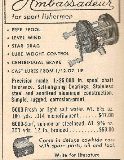 The Swedish Ambassadeur ad from the November 1955 issue of Field & Stream magazine. Julian A. Wesseler is still listed as the U.S. Jobber for ABU. Image Bill Sonnett.