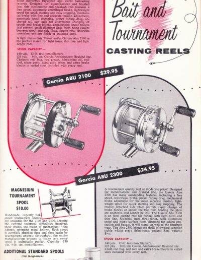 The Garcia ABU 2100 and 2300 Tournament Casting reels. 1960 Garcia Fishing Tackle Annual. Image Terry Battisti.