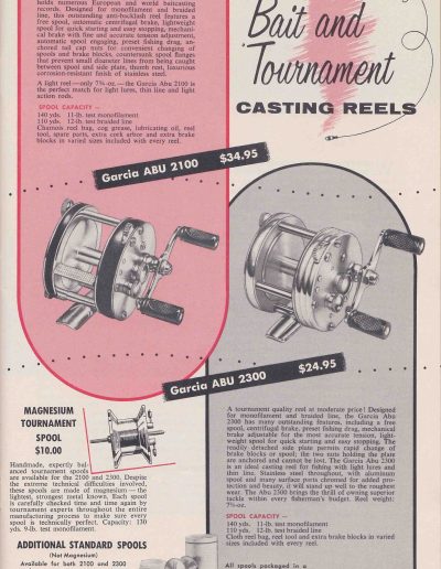 The Garcia ABU 2100 and 2300 Tournament Casting Reels. 1961 Garcia Fishing Tackle Annual. Image Terry Battisti.