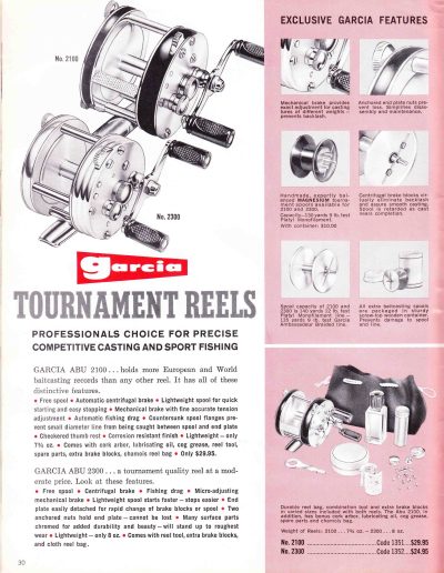 The Garcia 2100 and 2300 Tournament Reels. 1962 Garcia Fishing Annual. Image Terry Battisti.