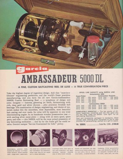 The Garcia Ambassadeur 5000 DL Presentation Reel. 1964 Garcia Fishing Annual. Image Terry Battisti.