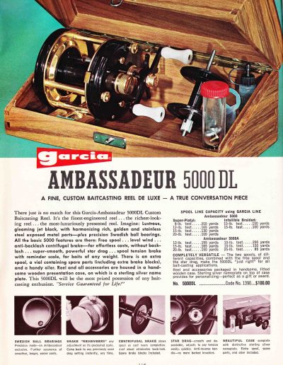 The Garcia Ambassadeur 5000 DL Presentation Reel. 1965 Garcia Fishing Annual. Image Terry Battisti.