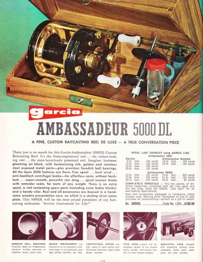 The Garcia Ambassadeur 5000 DL Presentation Reel. 1966 Garcia Fishing Annual. Image Terry Battisti.