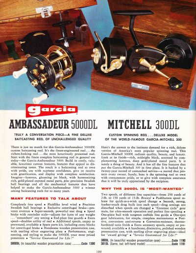 The Garcia Ambassadeur 5000DL and Mitchell 300DL Presentation Reels. 1967 Garcia Fishing Annual. Image Terry Battisti.