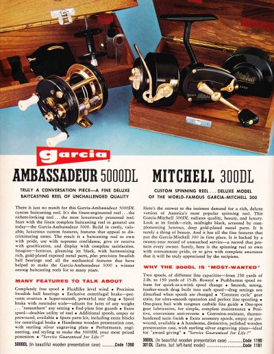 The Garcia Ambassadeur 5000DL and Mitchell 300DL Presentation Reels. 1968 Garcia Fishing Annual. Image Terry Battisti.