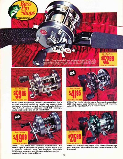 1977 Bass Pro Shops catalog page featuring Garcia Ambassadeur Reels. Image Terry Battisti.