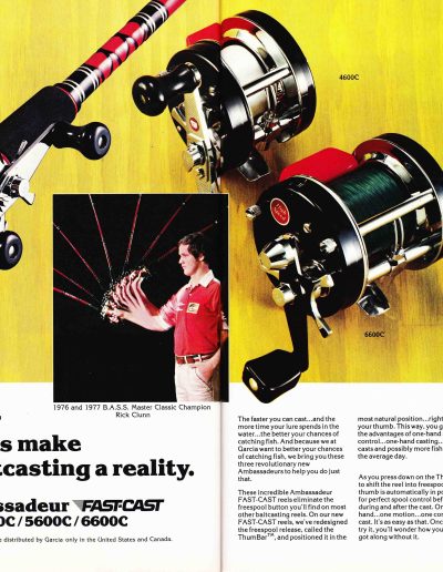 The ThumBar reels have been renamed the Fast-Cast Reels. 1979 Garcia Fishing Annual. Image Terry Battisti.