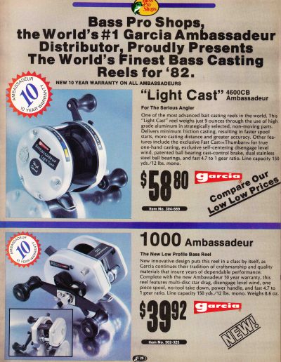 Garcia Ambassadeur spread from the 1982 Bass Pro Shops catalog featuring the new 4600CB Light Cast and the Ambassadeur 1000 Reels. Image Terry Battisti.