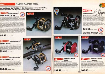 Two-page spread of garcia Ambassadeur reels from the 1983 Bass Pro Shops catalog featuring the new Ultra Mag Reels and the 1000 and 1000C reels.. Image Terry Battisti.