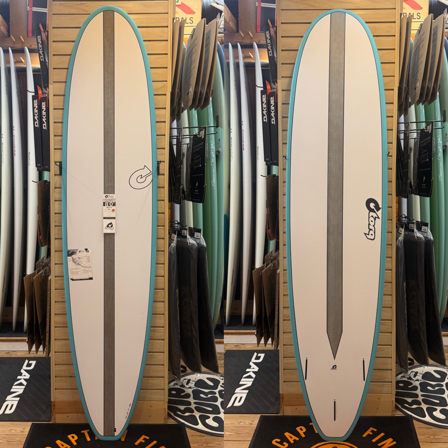 8'0 Long Carbon Strip Teal Rail  surfboard top photo