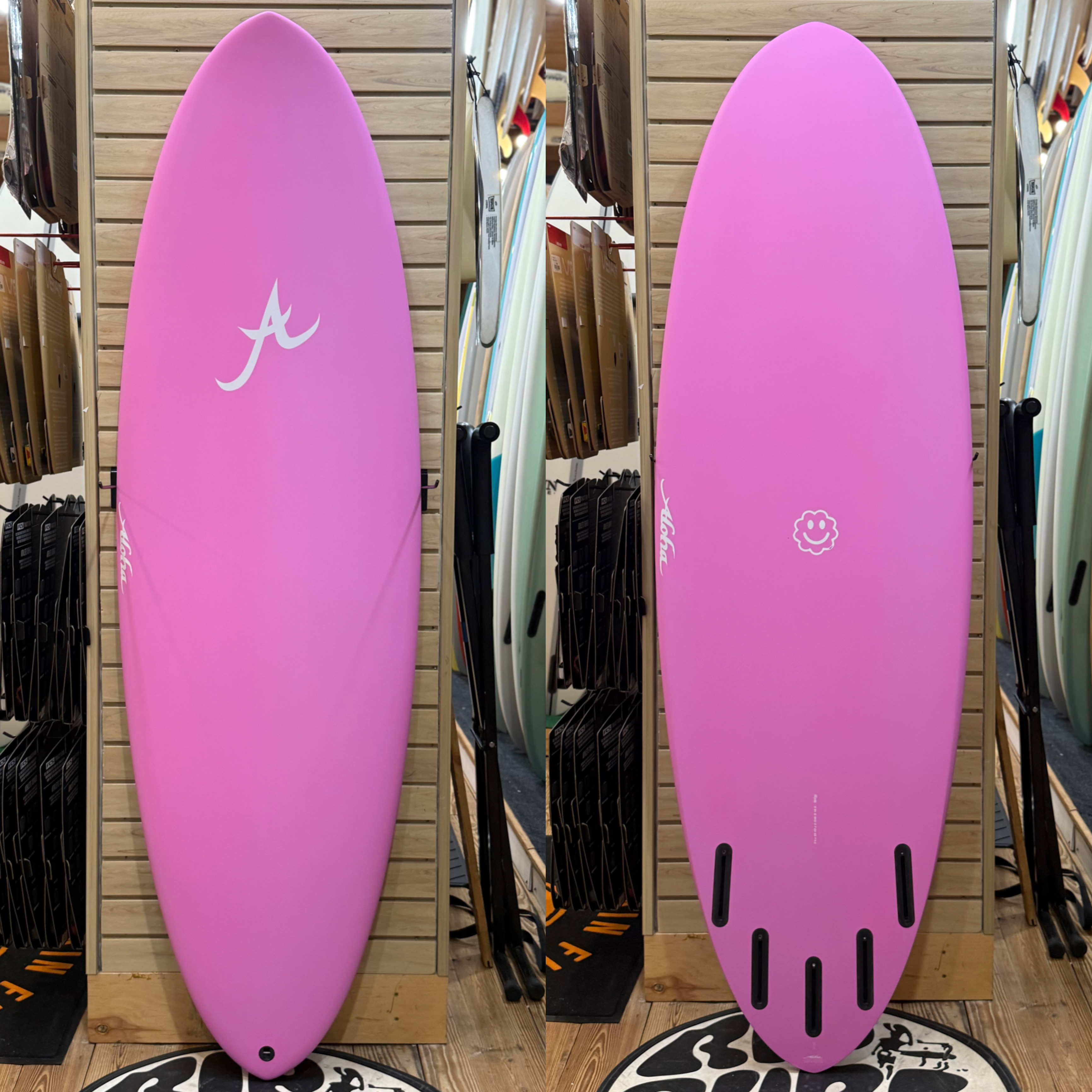 6'4 Smile Skegg Pink surfboard top photo