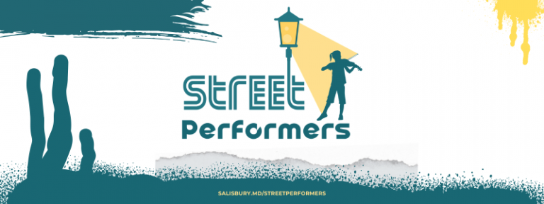 Logo for 'Street Performers' showing a silhouette of a person playing violin under a streetlamp, with bold teal text and paint-like graphic accents.