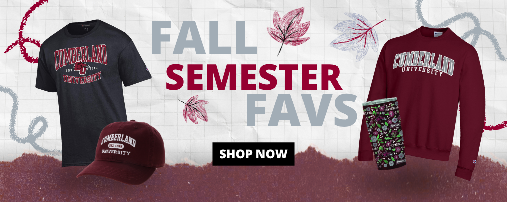 Fall Semester Favs banner featuring Cumberland University apparel and gear
