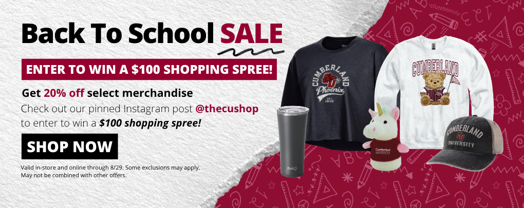 CU Shop Back To School Sale banner promoting 20% percent off select merchandise