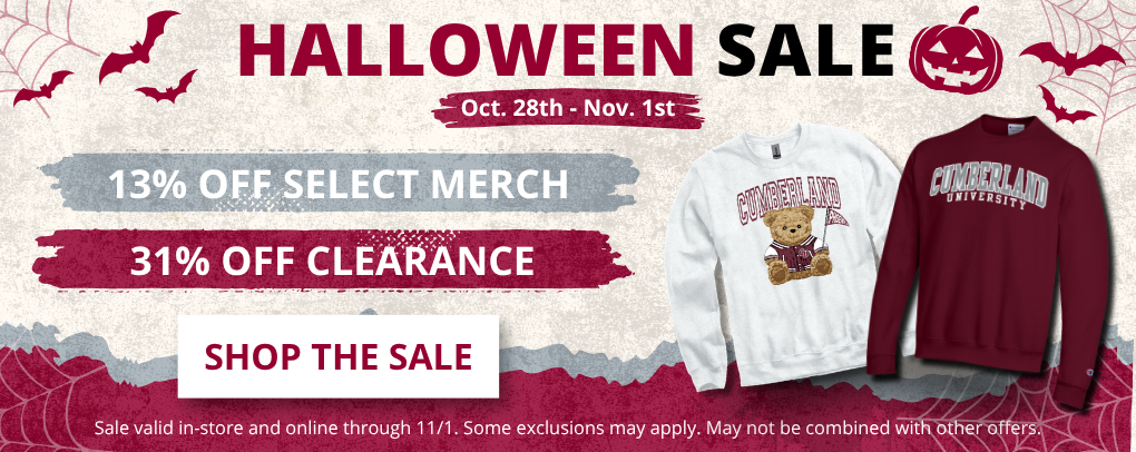 CU Shop Halloween Sale banner, Oct. 28th to Nov. 1st: 13% off select merch and 31% off clearance in-store and online, with Cumberland University apparel and a Shop The Sale button