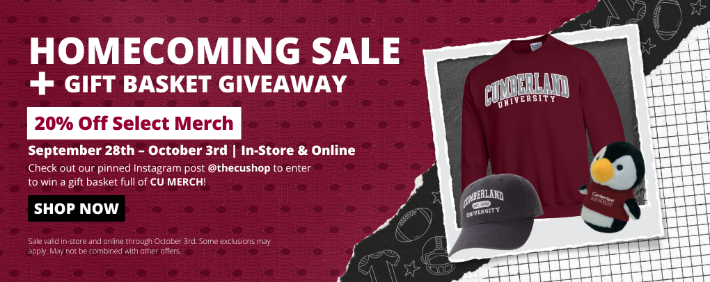 CU Homecoming Sale & Giveaway banner promoting 20% percent off select merchandise