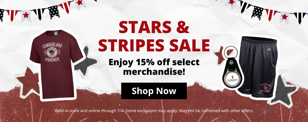 CU Shop Stars and Stripes Sale banner promoting 15% percent off select merchandise with Shop Now button