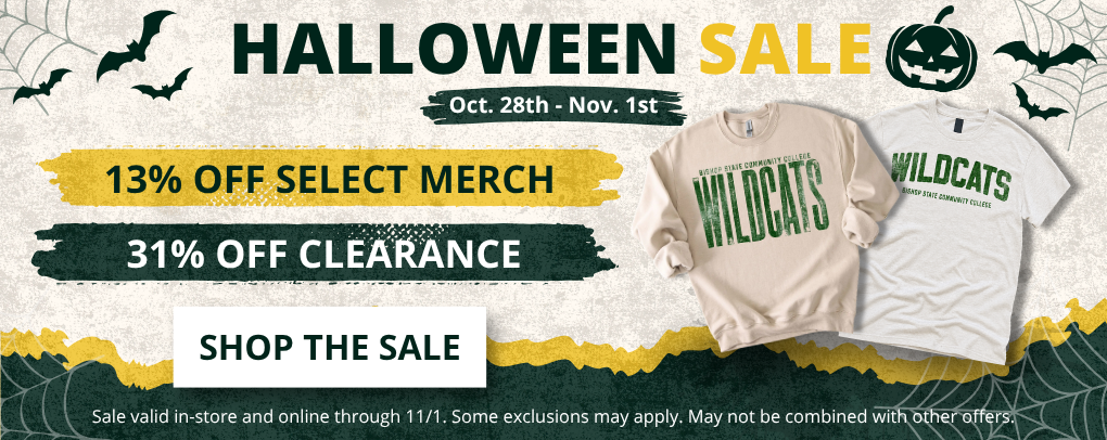Wildcat Pride Bookstore Halloween Sale banner, Oct. 28th to Nov. 1st: 13% off select merch and 31% off clearance in-store and online, with Bishop State Wildcats apparel and a Shop The Sale button