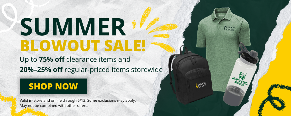 Wildcat Pride Bookstore Summer Blowout Sale banner promoting up to 75 percent off clearance items and 20-25% merchandise storewide with Shop Now button