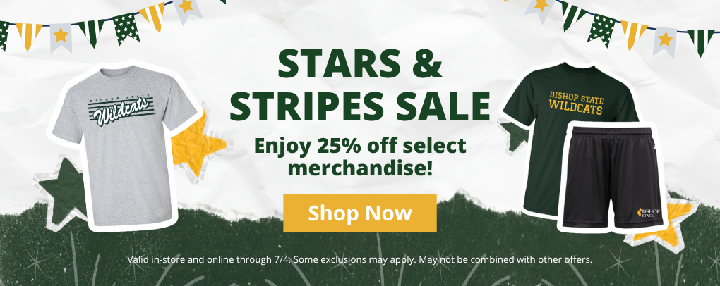 Wildcat Pride Bookstore Stars and Stripes Sale banner promoting 25% percent off select merchandise with Shop Now button