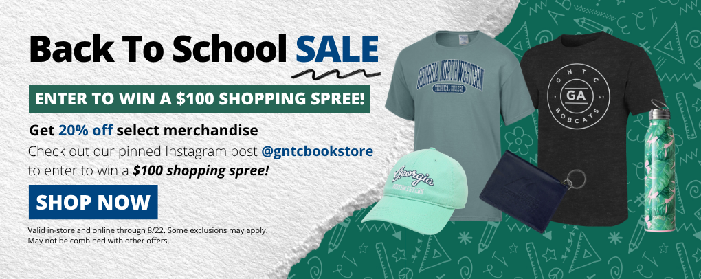 GNTC Bookstore Back To School Sale banner promoting 20% percent off select merchandise
