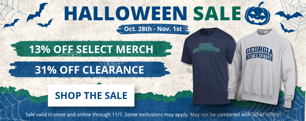 GNTC Bookstore Halloween Sale banner, Oct. 28th to Nov. 1st: 13% off select merch and 31% off clearance in-store and online, with Georgia Northwestern apparel and a Shop The Sale button