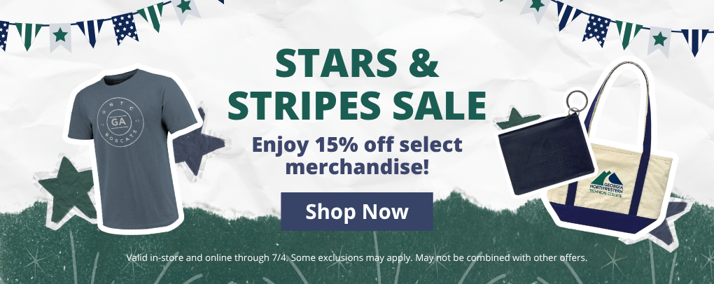 GNTC Bookstore Stars and Stripes Sale banner promoting 15% percent off select merchandise with Shop Now button