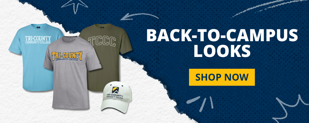 TCCC Bookstore Early Fall apparel banner promoting clothing and accessories