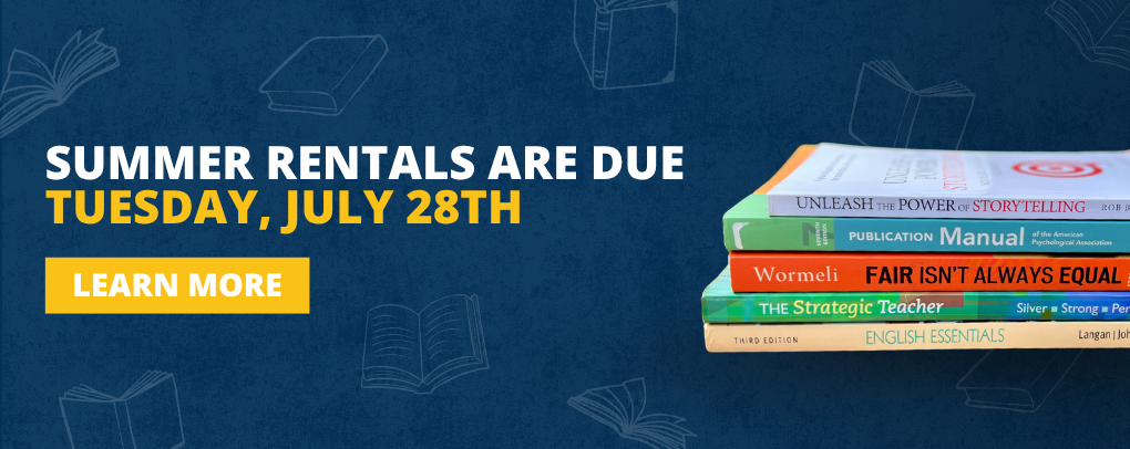 TCCC Bookstore Summer rental returns banner with instructions for returning rented textbooks: Rentals due 7/28