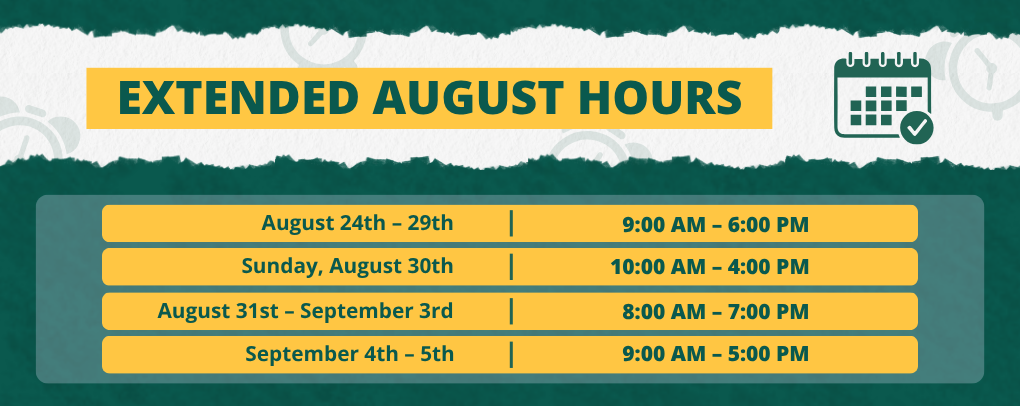 Wayne State Bookstore banner announcing extended August hours for the Fall 2026 semester