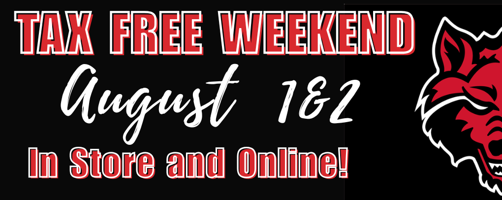 Tax Free Weekend August 1 and 2 In Store and Online banner with A-State Red Wolf logo