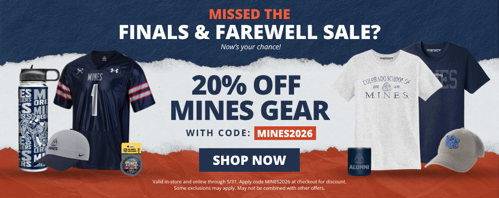Oredigger Outfitters banner promoting 20% off merch with code MINES2026