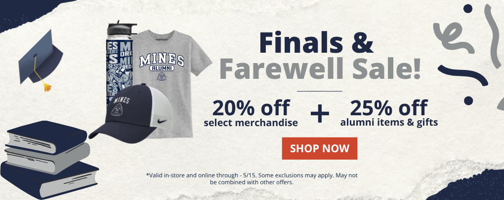 Oredigger Outfitters Finals & Farewell Sale banner promoting 20% off select merch and 25% off alumni items and gifts