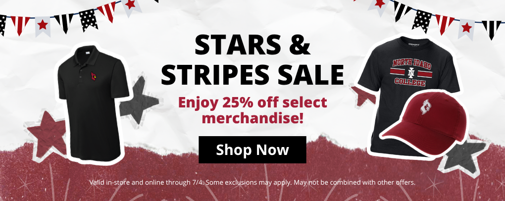 NIC Bookstore Stars and Stripes Sale banner promoting 25% percent off select merchandise with Shop Now button