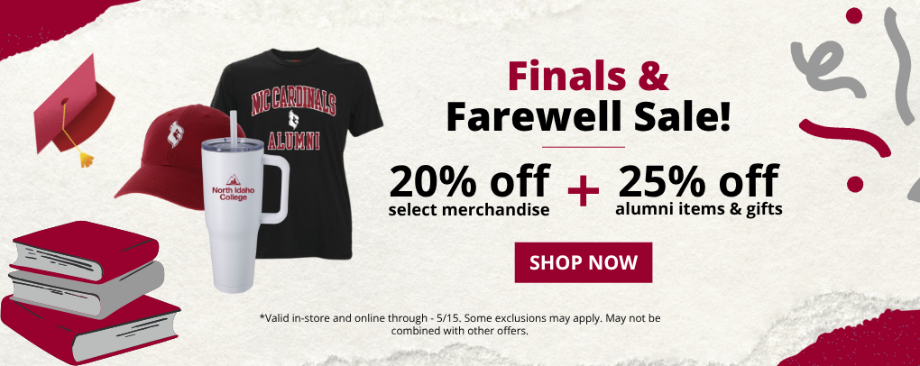 NIC Bookstore Finals & Farewell banner promoting 20% off select merch and 25% off alumni items and gifts