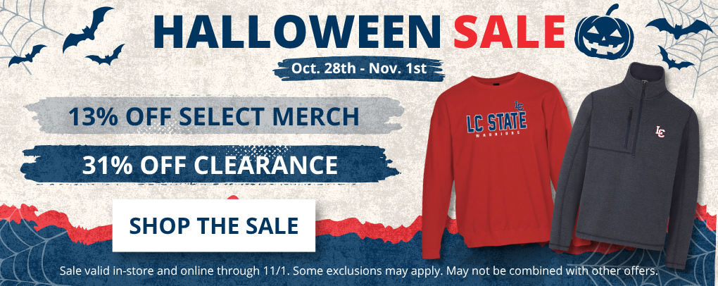 LC State Bookstore Halloween Sale banner, Oct. 28th to Nov. 1st: 13% off select merch and 31% off clearance in-store and online, with LC State apparel and a Shop The Sale button
