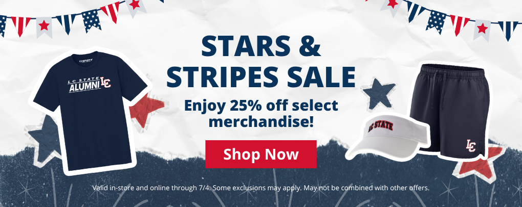 LC State Bookstore Stars and Stripes Sale banner promoting 25% percent off select merchandise with Shop Now button
